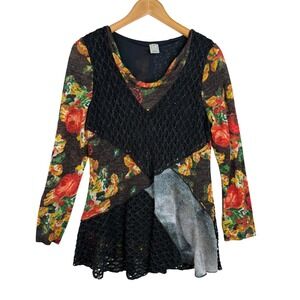 This & That Artsy Boho Floral Crochet Colorblock Pullover Tunic Sweater Size M